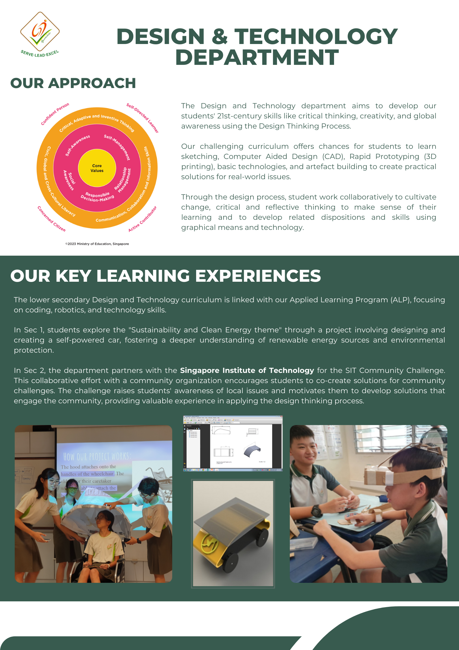 A school Design and Technology department flyer showing curriculum approach, a values diagram, and student project photos.